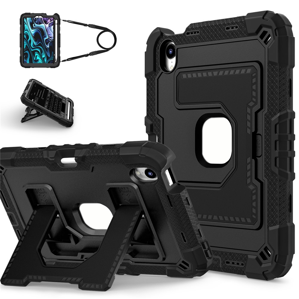 For iPad mini (2024) / (2021) Case with Kickstand Strap Pen Slot Anti Drop PC + Silicone Tablet Cover - Black / Black