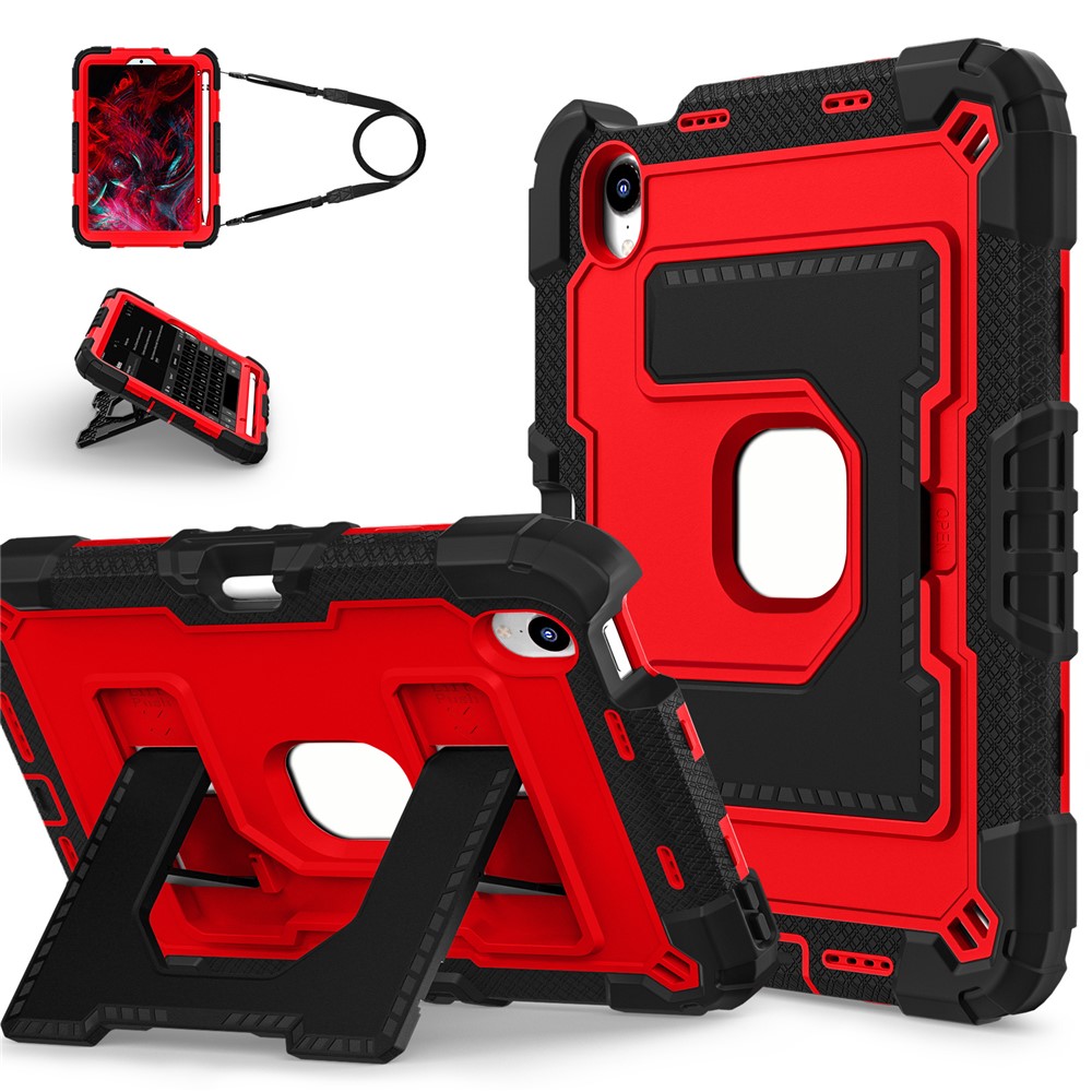 For iPad mini (2024) / (2021) Case with Kickstand Strap Pen Slot Anti Drop PC + Silicone Tablet Cover - Red / Black