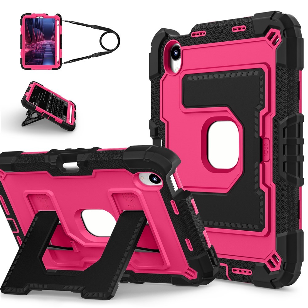 For iPad mini (2024) / (2021) Case with Kickstand Strap Pen Slot Anti Drop PC + Silicone Tablet Cover - Black / Rose