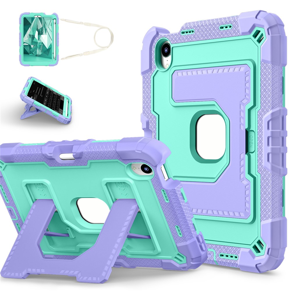 For iPad mini (2024) / (2021) Case with Kickstand Strap Pen Slot Anti Drop PC + Silicone Tablet Cover - Light Purple / Mint Green