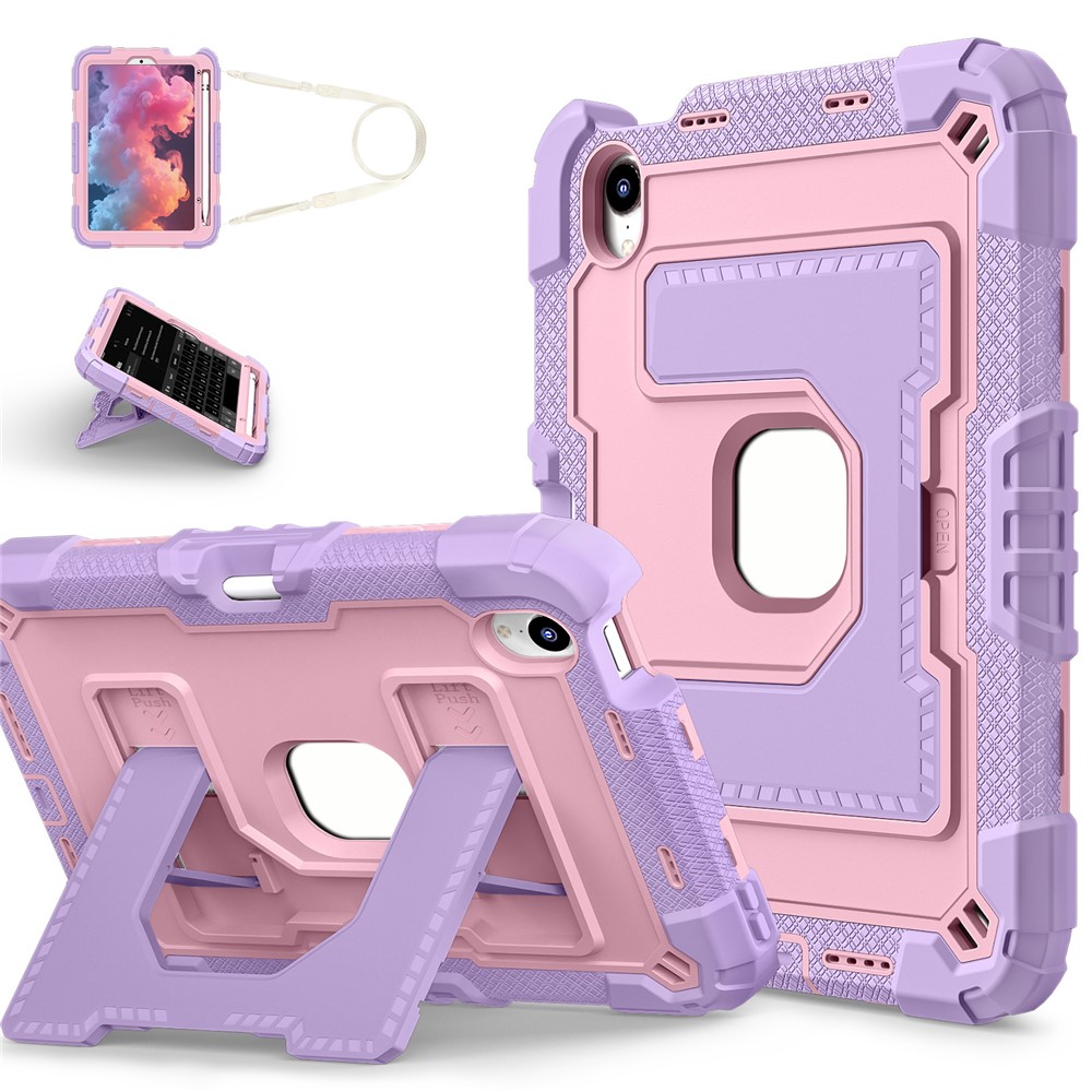 For iPad mini (2024) / (2021) Case with Kickstand Strap Pen Slot Anti Drop PC + Silicone Tablet Cover - Purple / Rose Gold