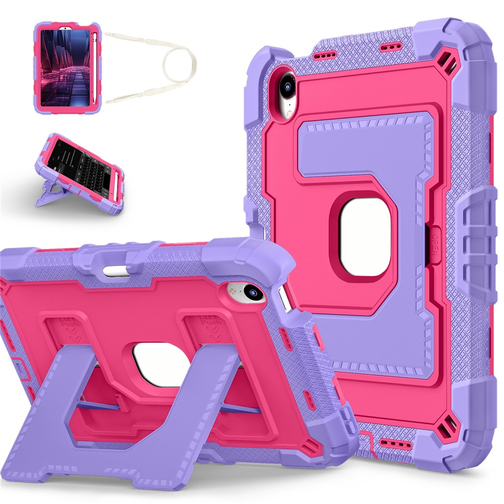 For iPad mini (2024) / (2021) Case with Kickstand Strap Pen Slot Anti Drop PC + Silicone Tablet Cover - Purple / Rose