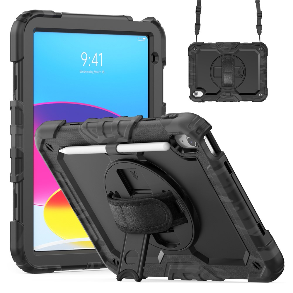 For iPad (2025) / iPad 10.9 (2022) Case Camo Printing PC + Silicone Tablet Cover with PET Film / Shoulder Strap - Black