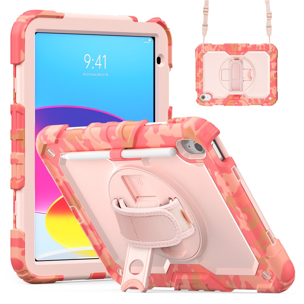 For iPad (2025) / iPad 10.9 (2022) Case Camo Printing PC + Silicone Tablet Cover with PET Film / Shoulder Strap - Pink