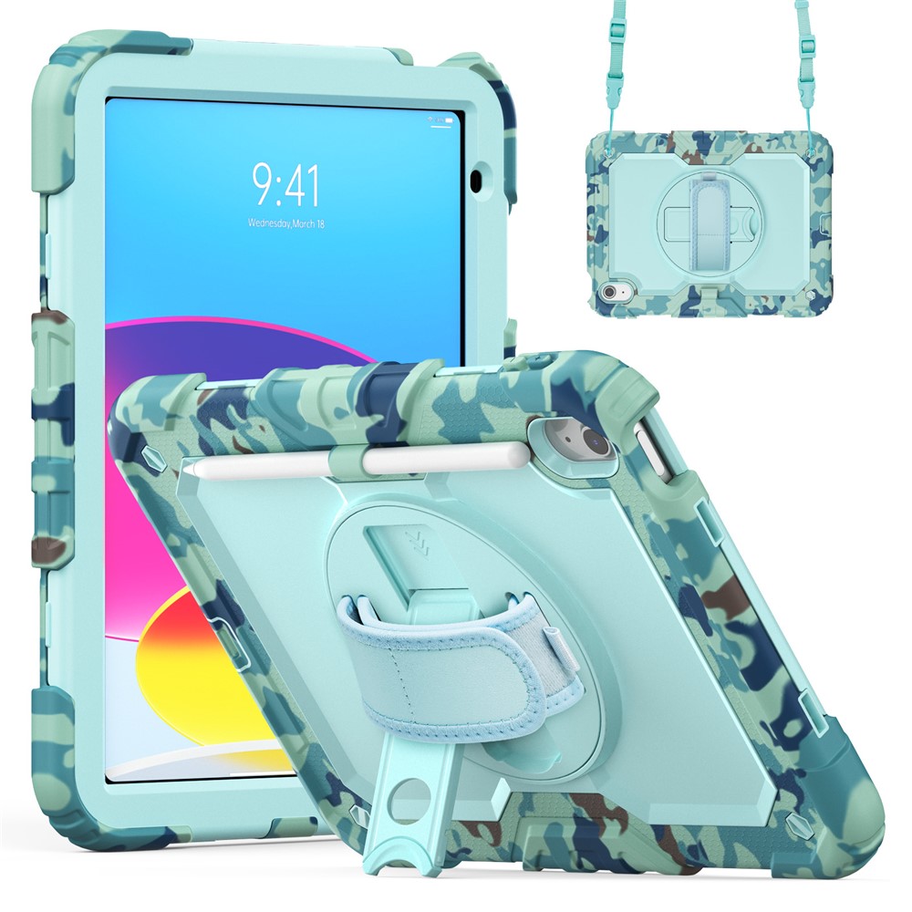 For iPad (2025) / iPad 10.9 (2022) Case Camo Printing PC + Silicone Tablet Cover with PET Film / Shoulder Strap - Blue