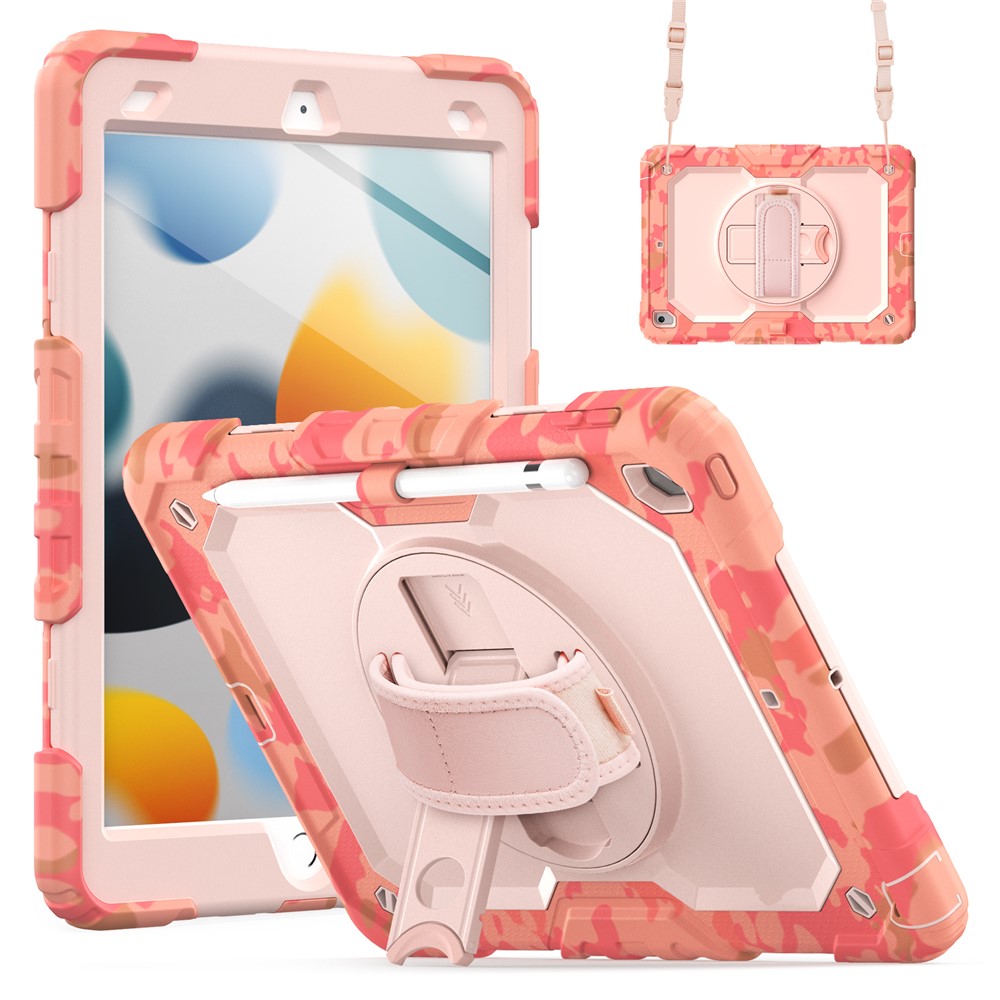 For iPad 10.2 (2021) / (2019) / (2020) Case Camo Printing PC + Silicone Tablet Cover with PET Film / Shoulder Strap - Pink