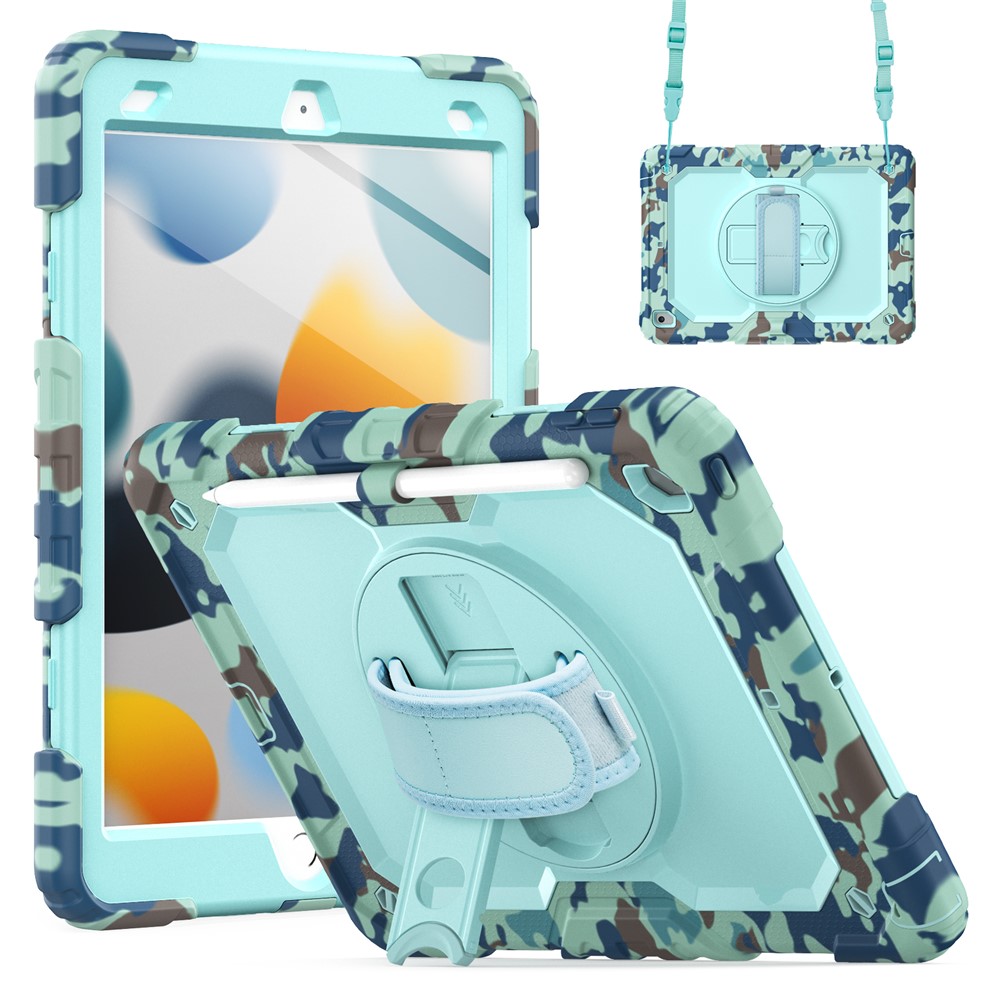 For iPad 10.2 (2021) / (2019) / (2020) Case Camo Printing PC + Silicone Tablet Cover with PET Film / Shoulder Strap - Blue