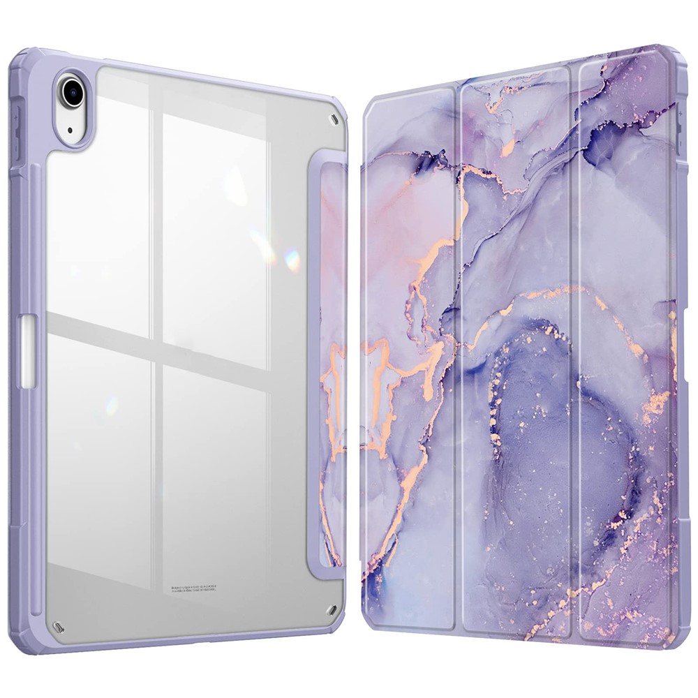 For iPad (2025)  /  10.9 (2022) Tablet Case Tri-Fold Stand Pattern Printing Clear Acrylic Leather Cover - Purple Marble