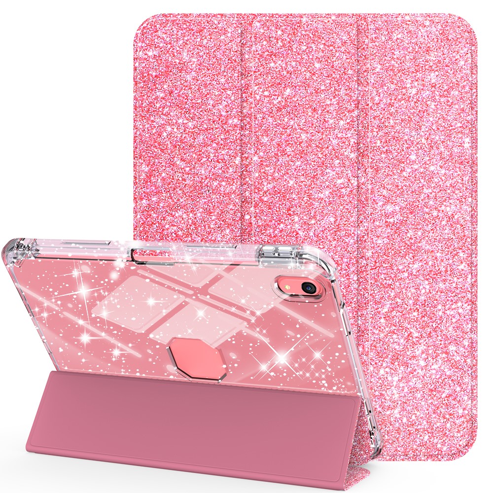 For iPad (2025) / iPad 10.9 (2022) Case with Pencil Slot Tri-Fold Stand Glitter Protective Tablet Cover Support Auto Wake / Sleep - Pink