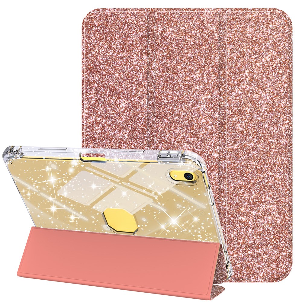For iPad (2025) / iPad 10.9 (2022) Case with Pencil Slot Tri-Fold Stand Glitter Protective Tablet Cover Support Auto Wake / Sleep - Rose Gold