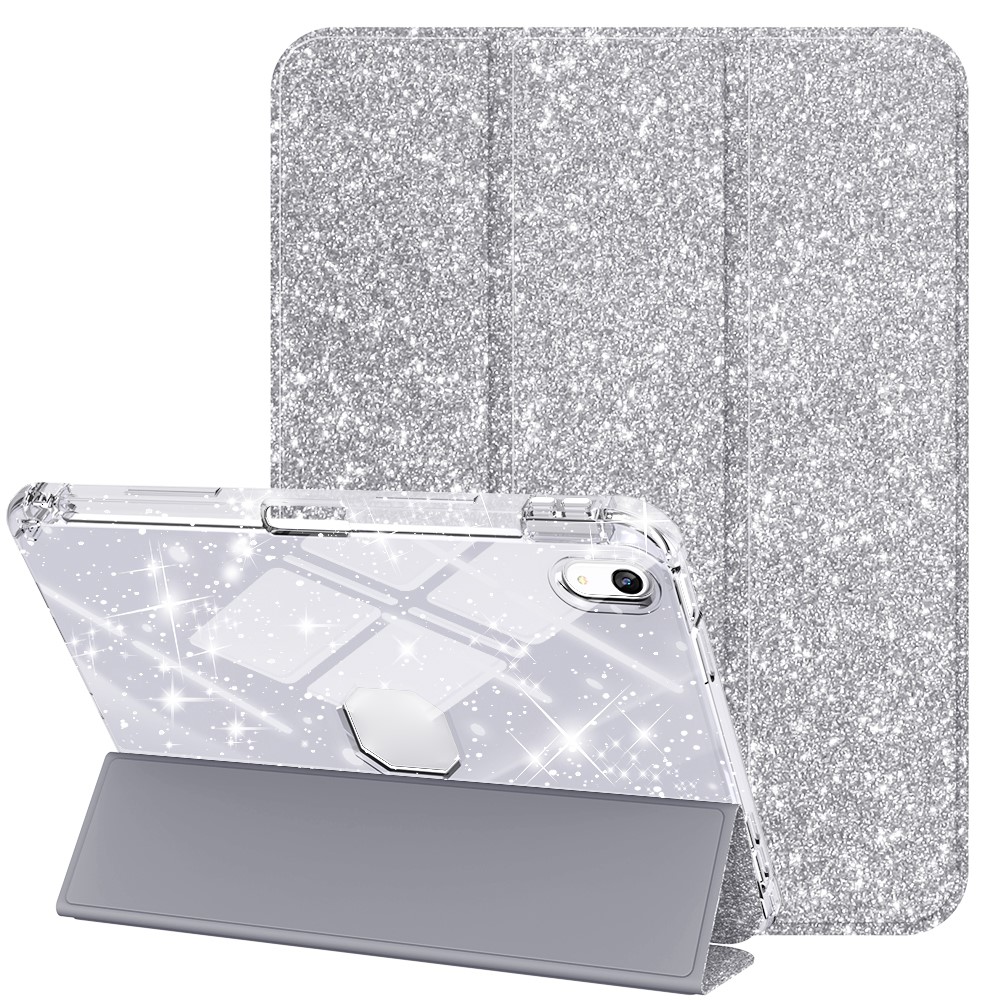 For iPad (2025) / iPad 10.9 (2022) Case with Pencil Slot Tri-Fold Stand Glitter Protective Tablet Cover Support Auto Wake / Sleep - Silver