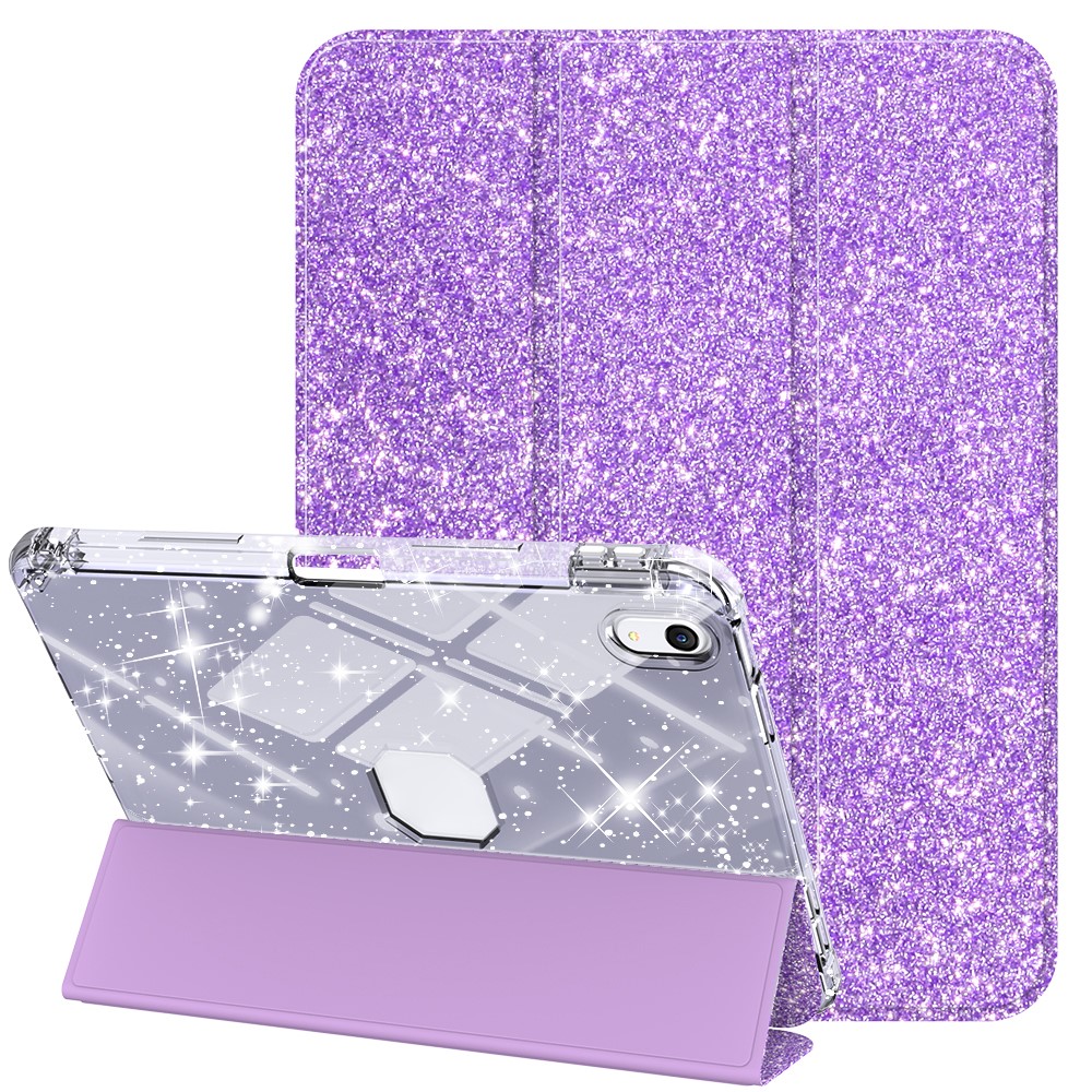 For iPad (2025) / iPad 10.9 (2022) Case with Pencil Slot Tri-Fold Stand Glitter Protective Tablet Cover Support Auto Wake / Sleep - Light Purple