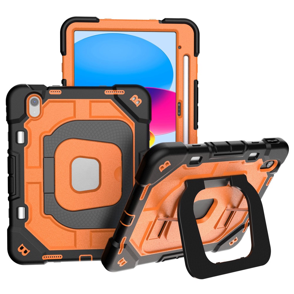 For iPad (2025) / 10.9 (2022) Case Kickstand Silicone + PC Shockproof Protective Tablet Cover - Black + Orange