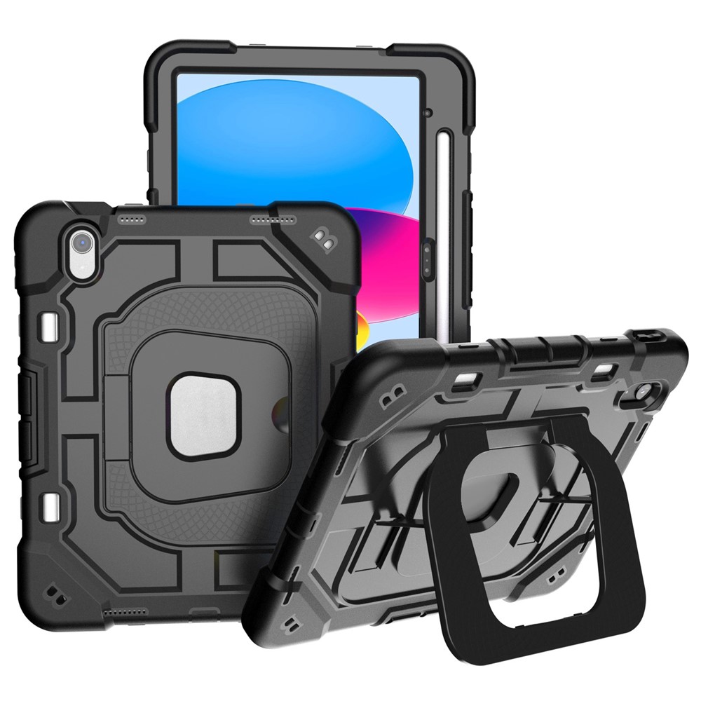 For iPad (2025) / 10.9 (2022) Case Kickstand Silicone + PC Shockproof Protective Tablet Cover  - Black + Black
