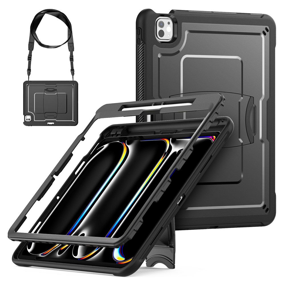 For iPad Pro 13 (2025) / 13 (2024) Case Hidden Zinc Alloy Kickstand PC + TPE Tablet Cover with Shoulder Strap - Black
