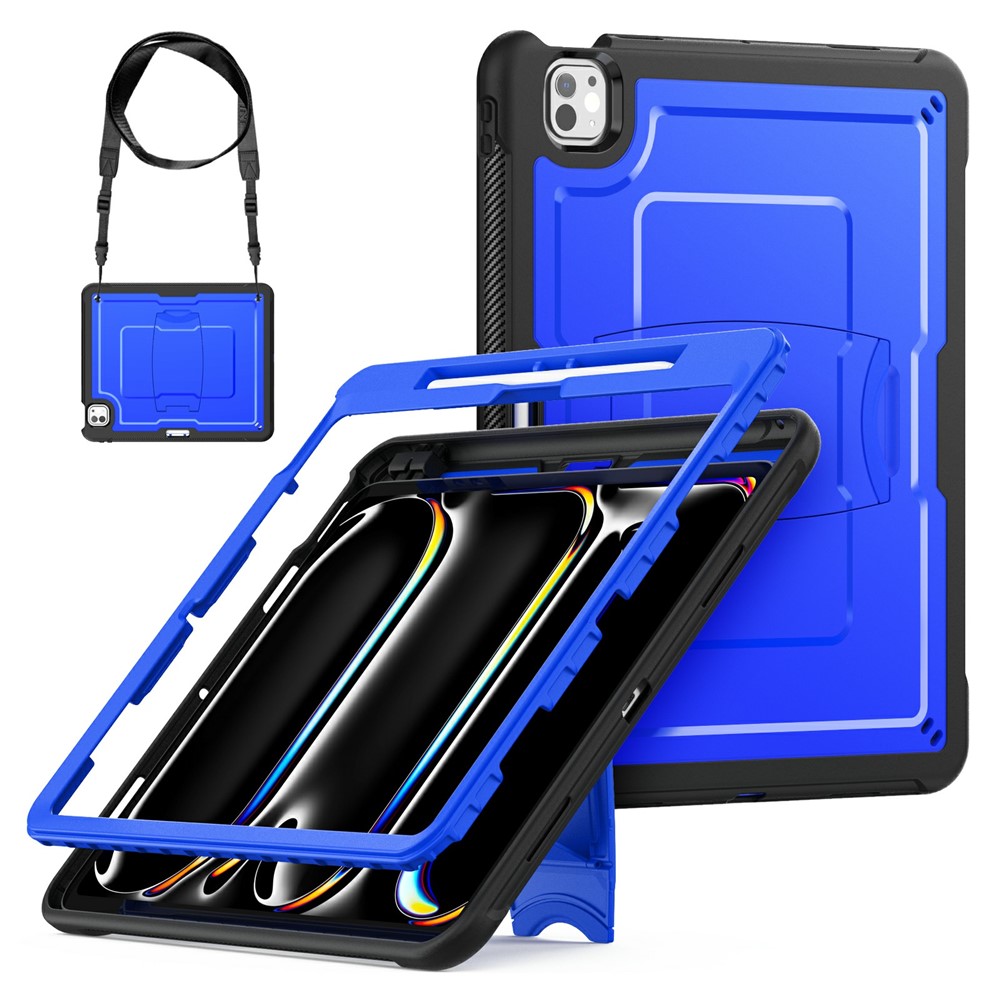 For iPad Pro 13 (2025) / 13 (2024) Case Hidden Zinc Alloy Kickstand PC + TPE Tablet Cover with Shoulder Strap - Dark Blue