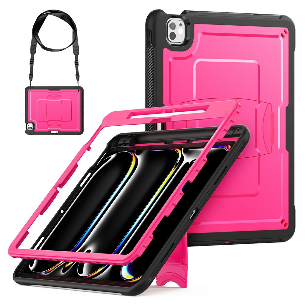 For iPad Pro 13 (2025) / 13 (2024) Case Hidden Zinc Alloy Kickstand PC + TPE Tablet Cover with Shoulder Strap - Rose