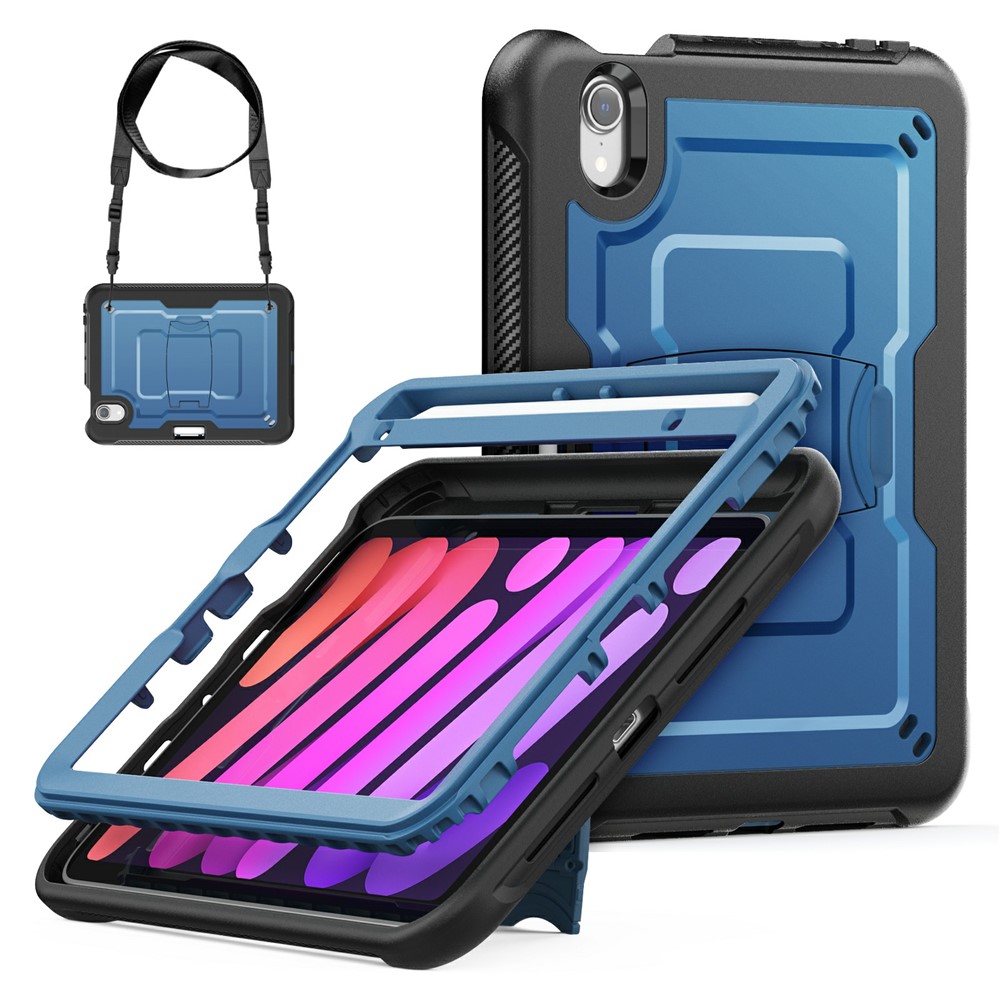 For iPad mini (2024) / (2021) Case Hidden Zinc Alloy Kickstand PC + TPE Tablet Cover with Shoulder Strap - Navy Blue