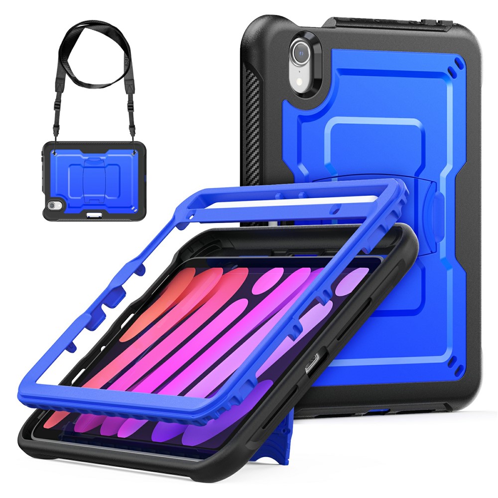 For iPad mini (2024) / (2021) Case Hidden Zinc Alloy Kickstand PC + TPE Tablet Cover with Shoulder Strap - Dark Blue