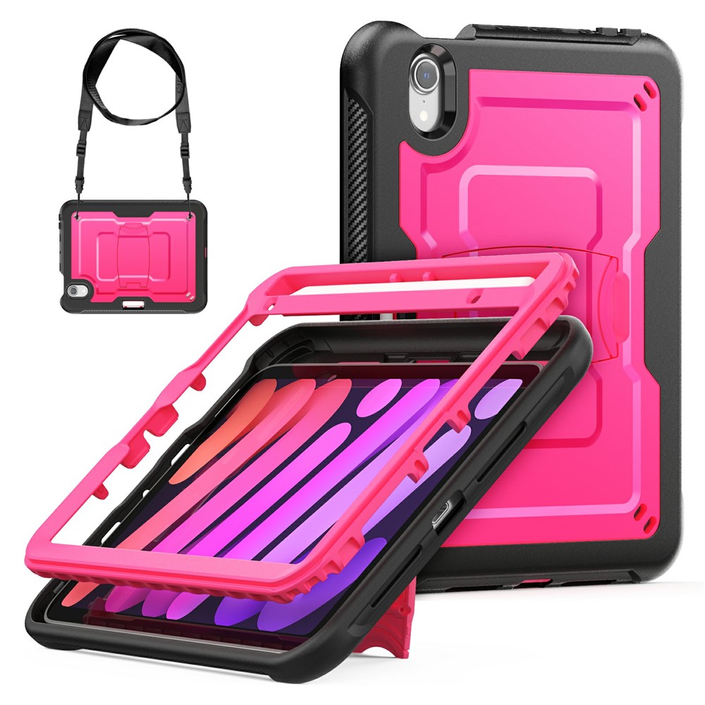 For iPad mini (2024) / (2021) Case Hidden Zinc Alloy Kickstand PC + TPE Tablet Cover with Shoulder Strap - Rose