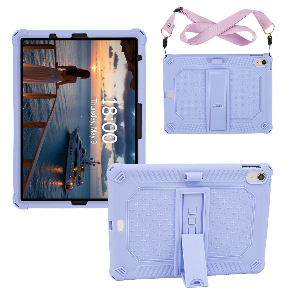 For iPad (2025) / 10.9 (2022) Case PC Kickstand Silicone Tablet Cover with Shoulder Strap - Purple