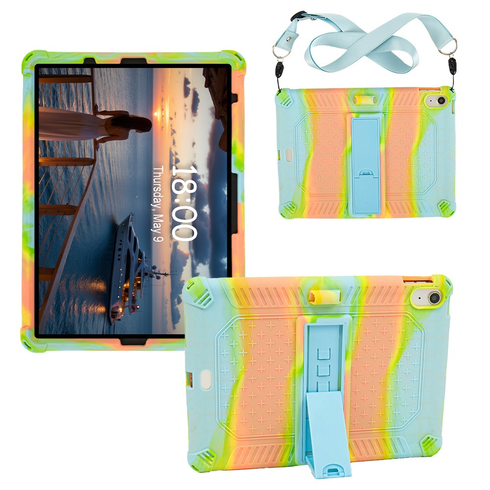 For iPad (2025) / 10.9 (2022) Case PC Kickstand Silicone Tablet Cover with Shoulder Strap - Colorful Green
