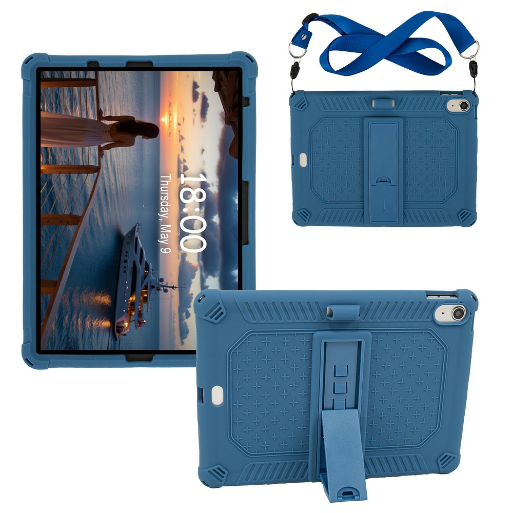 For iPad (2025) / 10.9 (2022) Case PC Kickstand Silicone Tablet Cover with Shoulder Strap - Blue