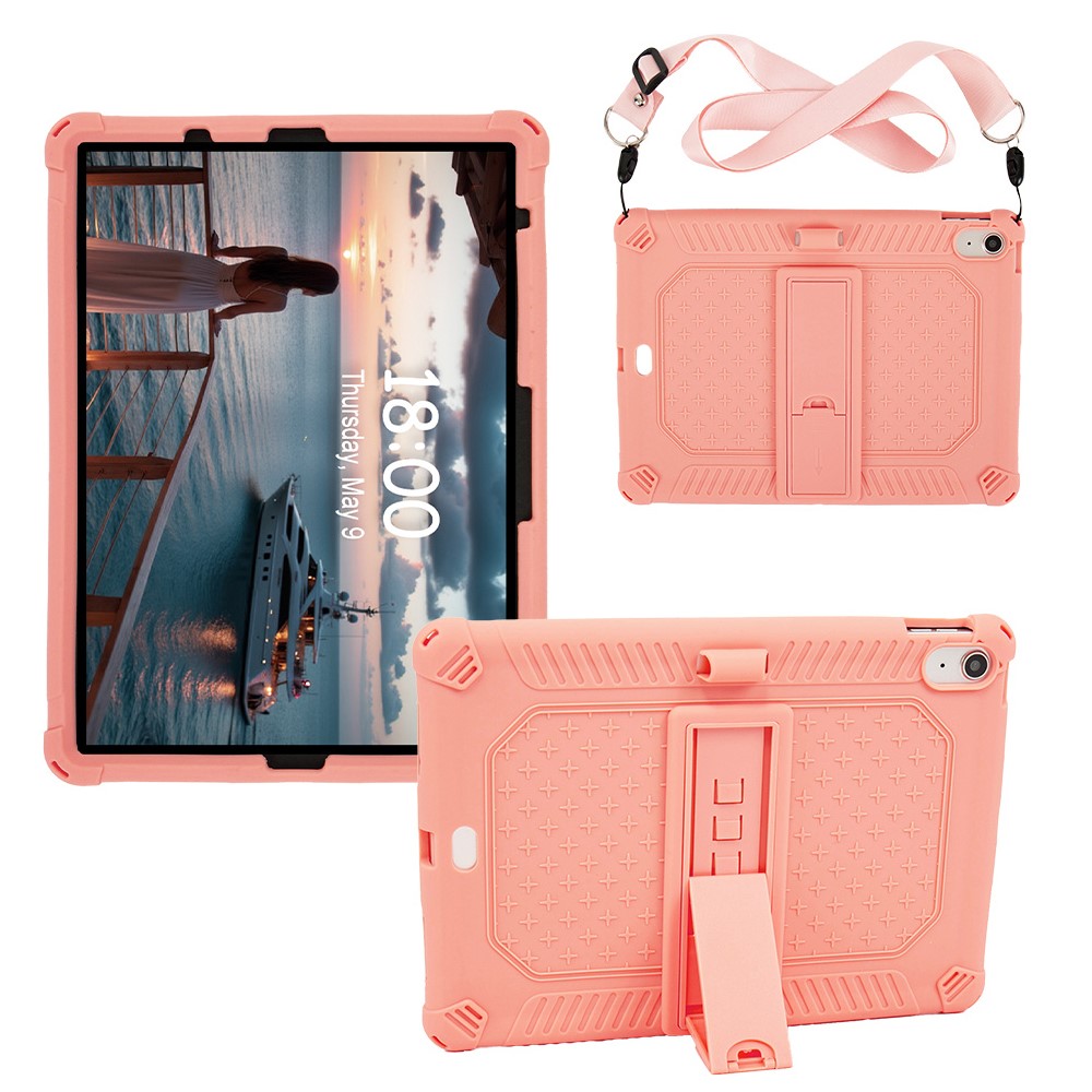 For iPad (2025) / 10.9 (2022) Case PC Kickstand Silicone Tablet Cover with Shoulder Strap - Pink