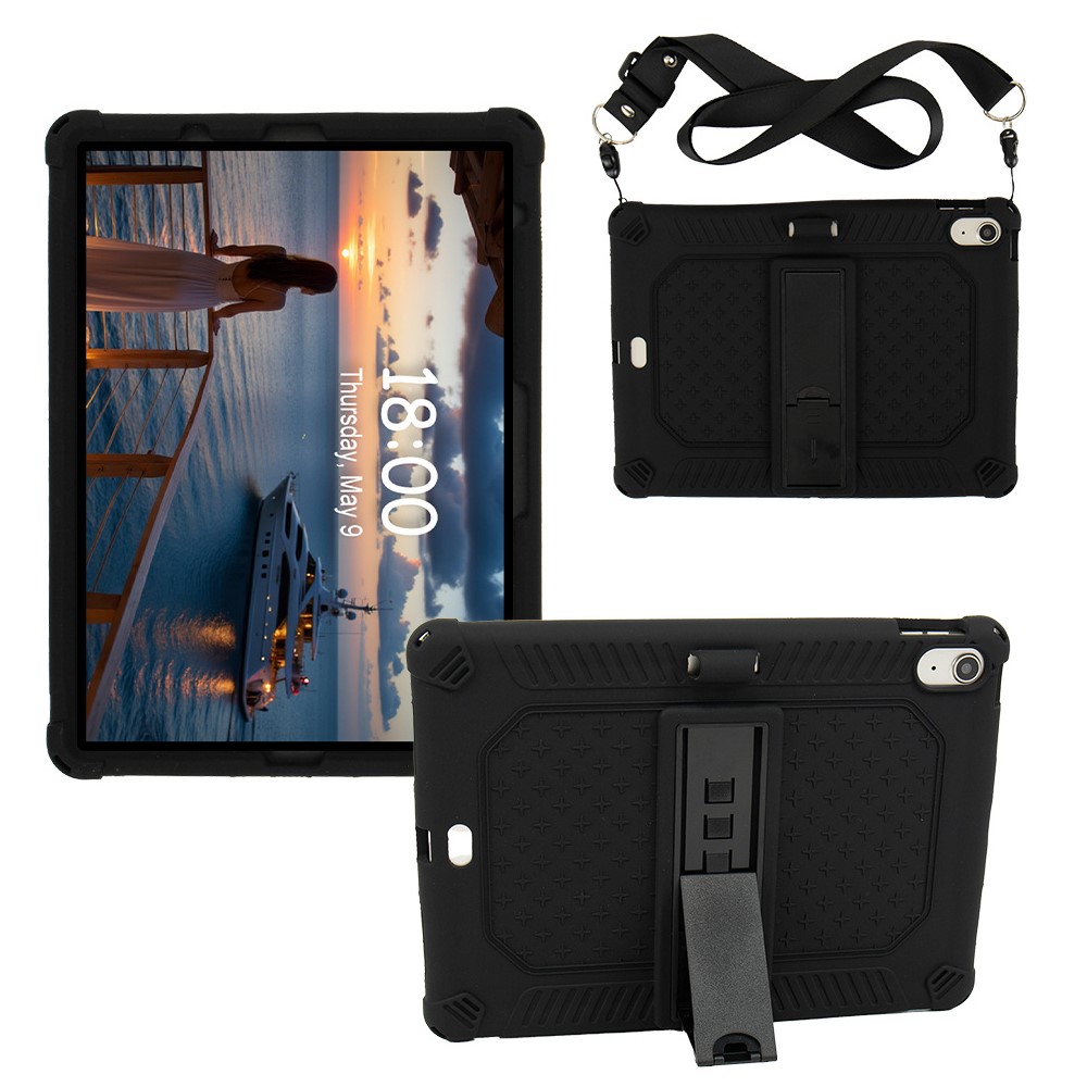 For iPad (2025) / 10.9 (2022) Case PC Kickstand Silicone Tablet Cover with Shoulder Strap - Black