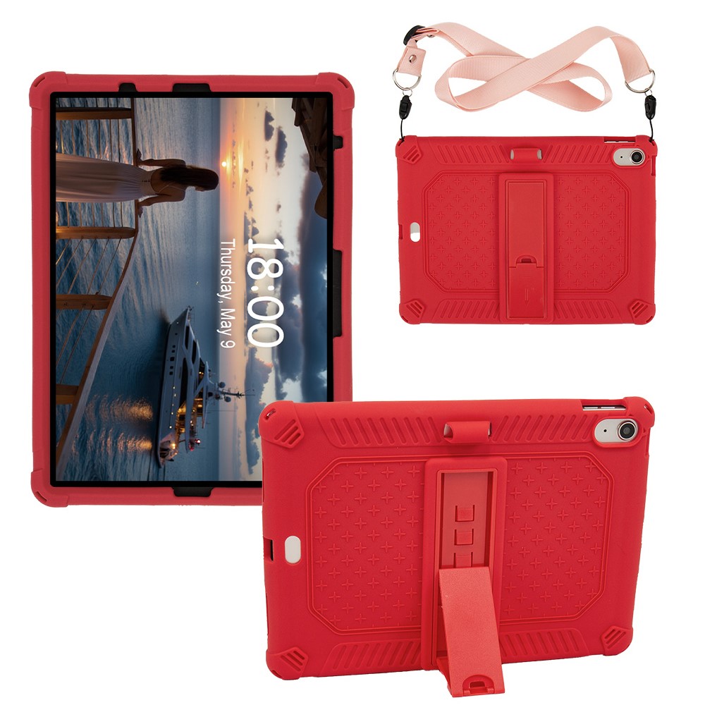 For iPad (2025) / 10.9 (2022) Case PC Kickstand Silicone Tablet Cover with Shoulder Strap - Red