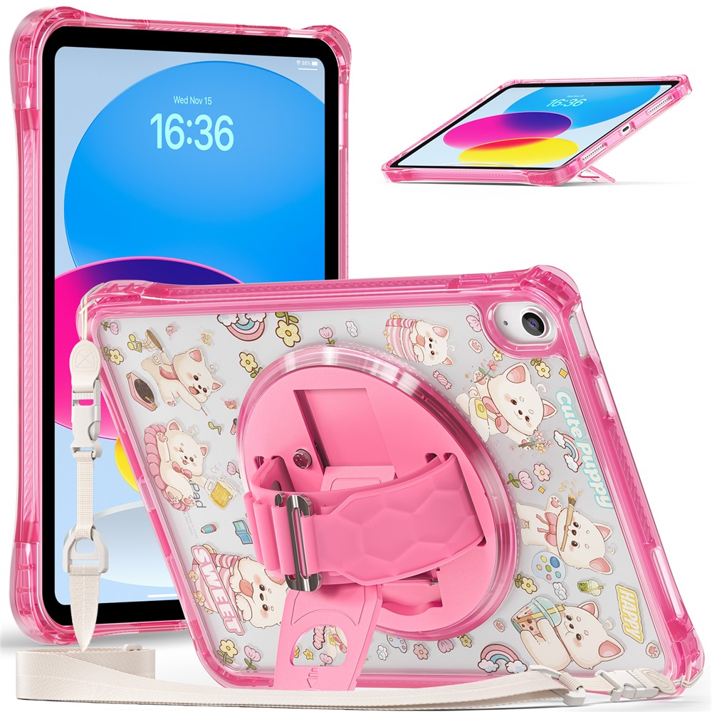 For iPad (2025)  /  10.9 (2022) Case Kickstand Hand Strap Imprint PC TPU Acrylic Cover with Shoulder Strap - Pink