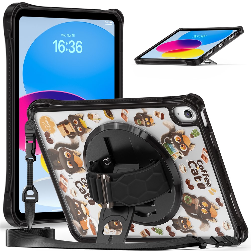 For iPad (2025)  /  10.9 (2022) Case Kickstand Hand Strap Imprint PC TPU Acrylic Cover with Shoulder Strap - Black