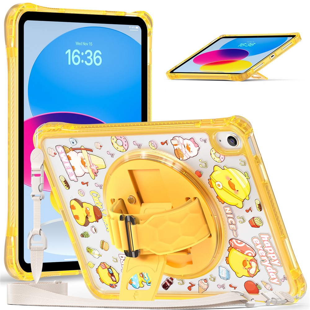 For iPad (2025)  /  10.9 (2022) Case Kickstand Hand Strap Imprint PC TPU Acrylic Cover with Shoulder Strap - Yellow
