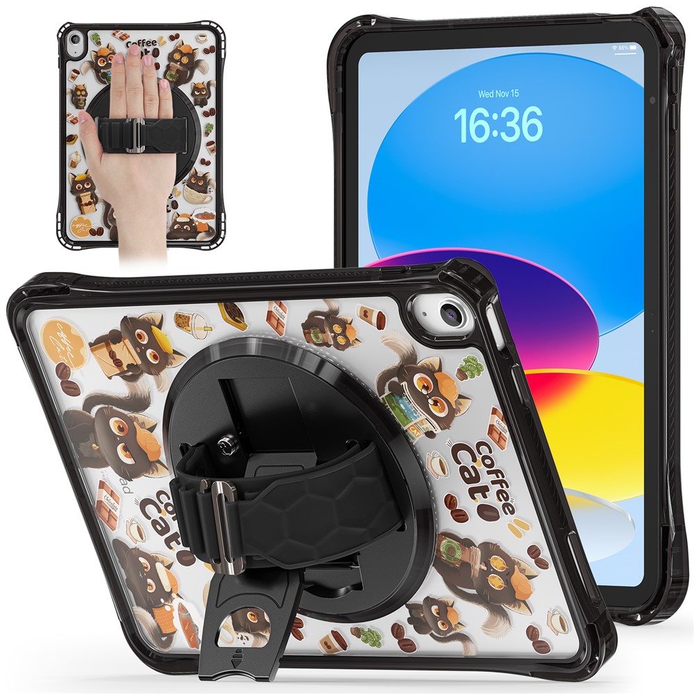 For iPad (2025)  /  10.9 (2022) Case Kickstand Hand Strap Imprint PC + TPU + Acrylic Tablet Cover - Black