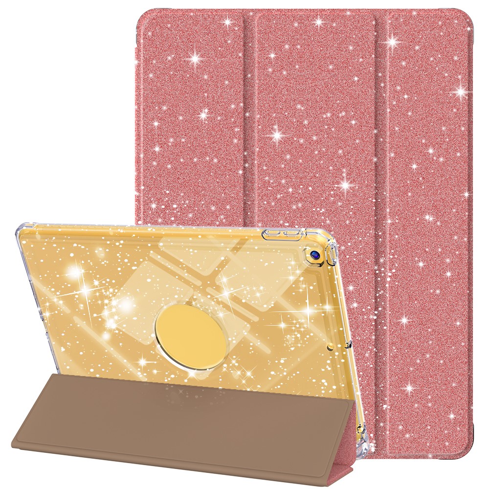 For iPad 10.2 (2021) / (2019) / (2020) Case with Pencil Slot Tri-Fold Stand Glitter Protective Tablet Cover - Rose Gold