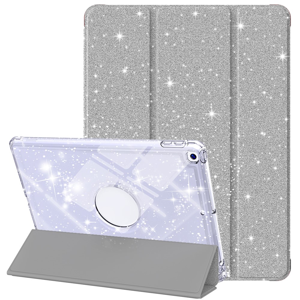 For iPad 10.2 (2021) / (2019) / (2020) Case with Pencil Slot Tri-Fold Stand Glitter Protective Tablet Cover - Silver