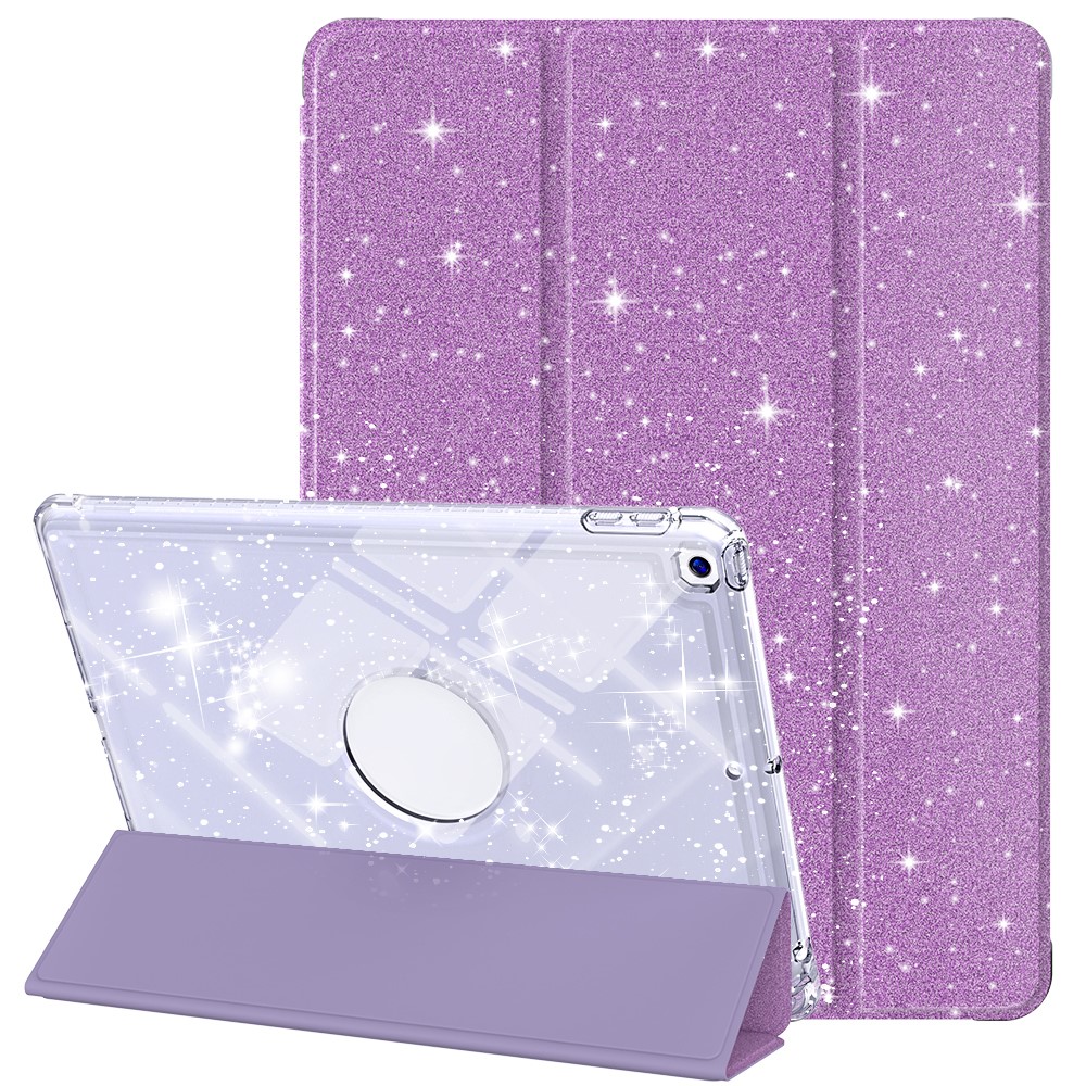For iPad 10.2 (2021) / (2019) / (2020) Case with Pencil Slot Tri-Fold Stand Glitter Protective Tablet Cover - Light Purple
