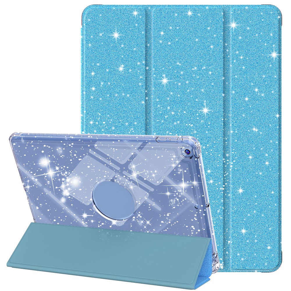 For iPad 10.2 (2021) / (2019) / (2020) Case with Pencil Slot Tri-Fold Stand Glitter Protective Tablet Cover - Blue