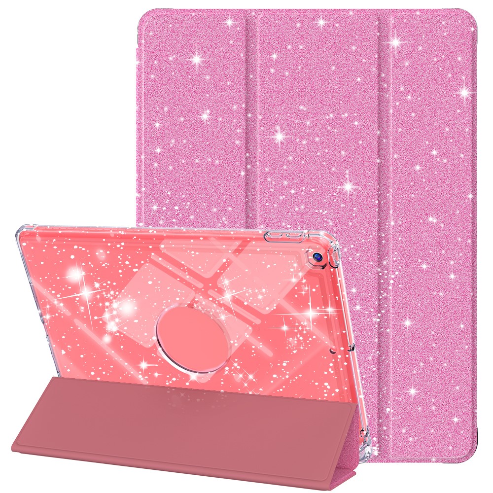 For iPad 10.2 (2021) / (2019) / (2020) Case with Pencil Slot Tri-Fold Stand Glitter Protective Tablet Cover - Pink