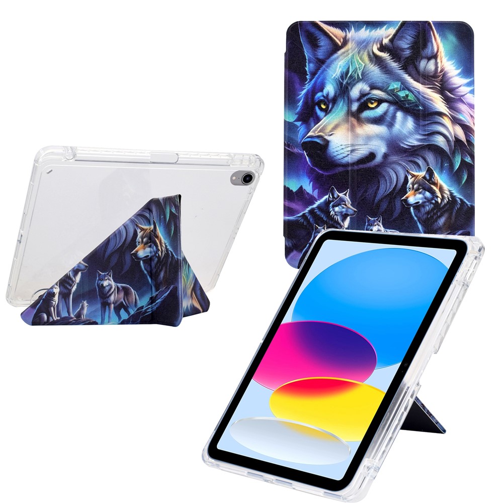 For iPad mini (2024) / (2021) Case Y-Fold Stand Pattern Print Leather + Clear Acrylic Tablet Cover with Pencil Holder - Phantom Wolf