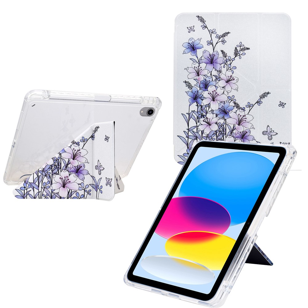 For iPad mini (2024) / (2021) Case Y-Fold Stand Pattern Print Leather + Clear Acrylic Tablet Cover with Pencil Holder - Purple Flower