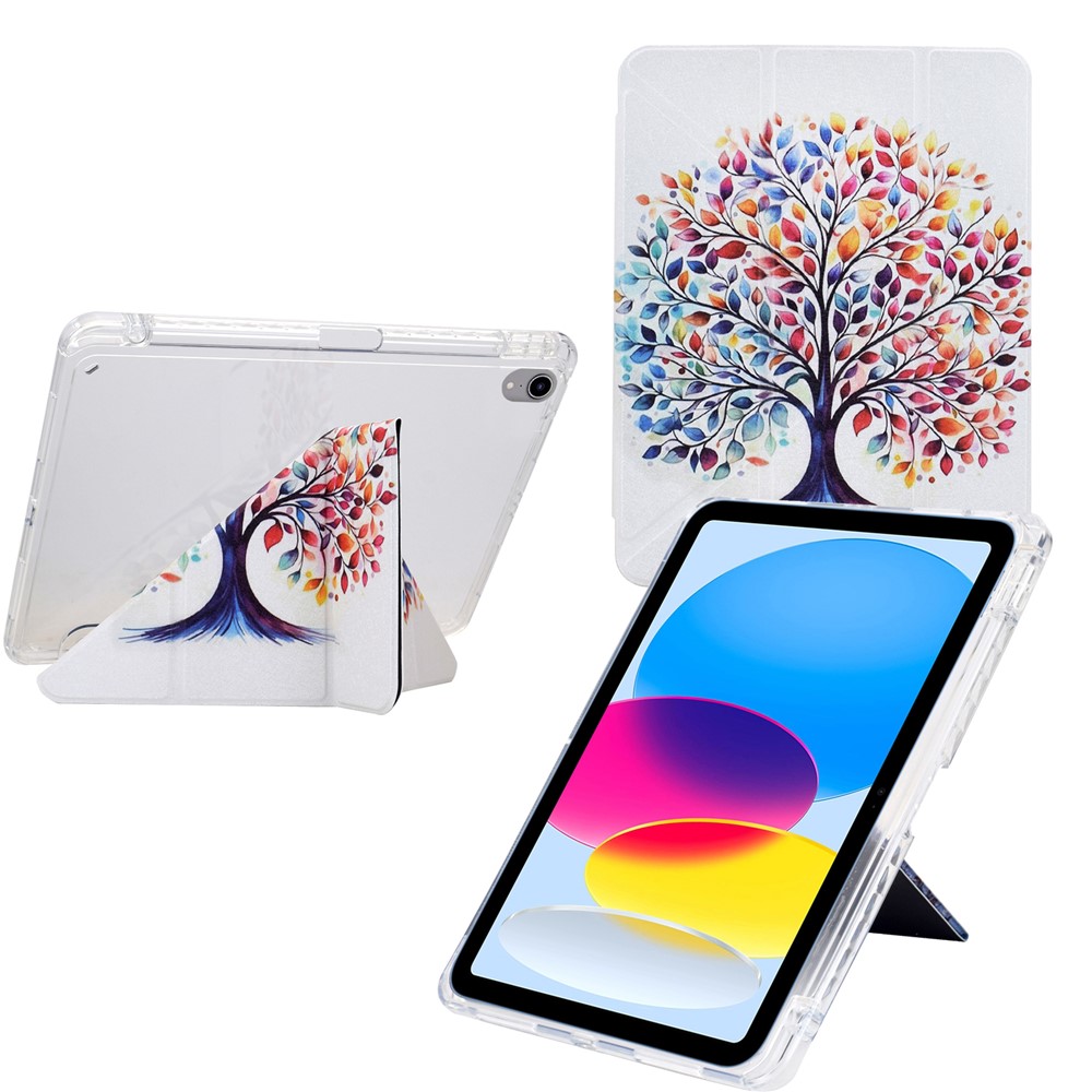 For iPad mini (2024) / (2021) Case Y-Fold Stand Pattern Print Leather + Clear Acrylic Tablet Cover with Pencil Holder - Colorful Tree
