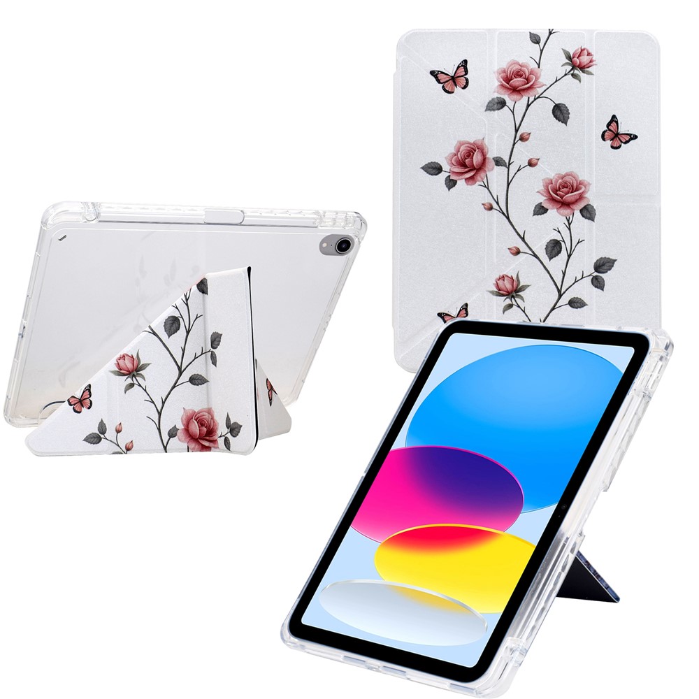 For iPad mini (2024) / (2021) Case Y-Fold Stand Pattern Print Leather + Clear Acrylic Tablet Cover with Pencil Holder - Rose Butterfly
