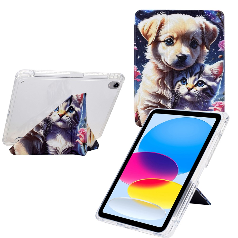 For iPad mini (2024) / (2021) Case Y-Fold Stand Pattern Print Leather + Clear Acrylic Tablet Cover with Pencil Holder - Cat and Dog