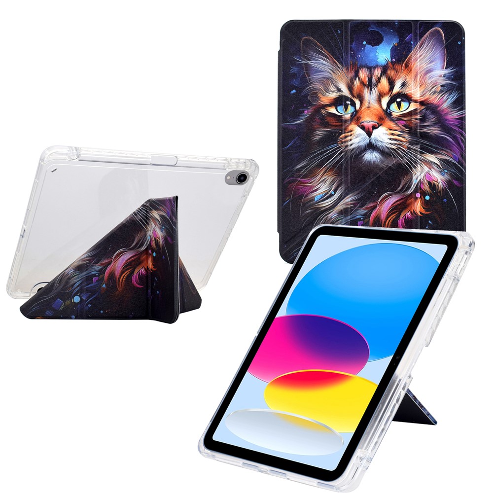 For iPad mini (2024) / (2021) Case Y-Fold Stand Pattern Print Leather + Clear Acrylic Tablet Cover with Pencil Holder - Sea Cat