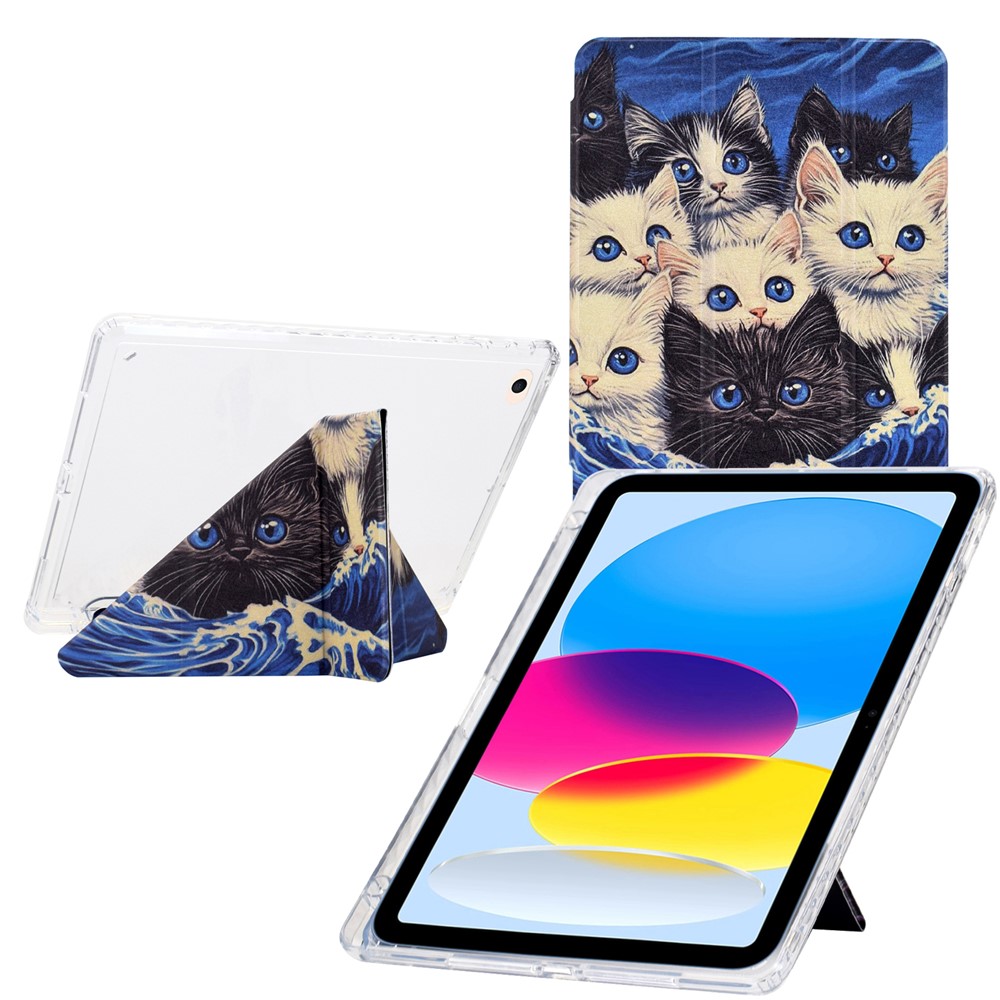 Tablet Case For iPad 9.7-inch (2018) / (2017) / Air 2 / Air (2013) , Y-Fold Stand Pattern Print Leather + Clear Acrylic Cover - Cats