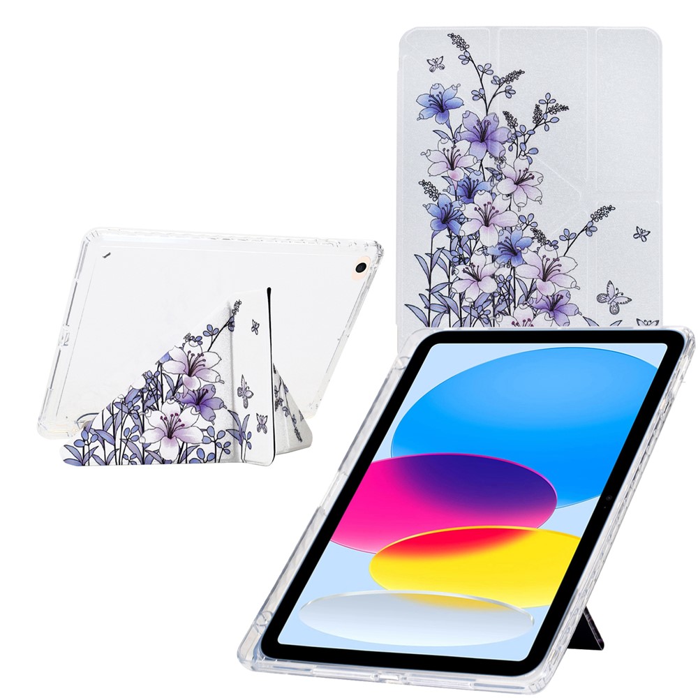 Tablet Case For iPad 9.7-inch (2018) / (2017) / Air 2 / Air (2013) , Y-Fold Stand Pattern Print Leather + Clear Acrylic Cover - Purple Flower
