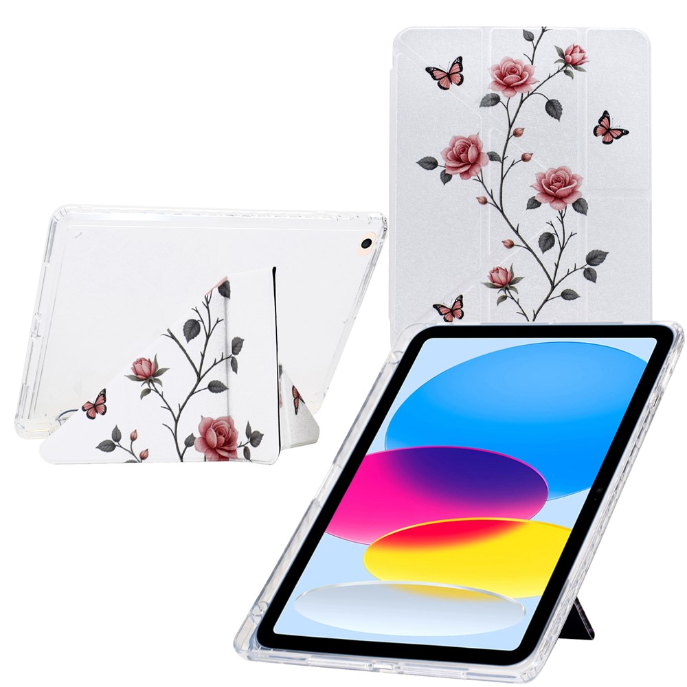 Tablet Case For iPad 9.7-inch (2018) / (2017) / Air 2 / Air (2013) , Y-Fold Stand Pattern Print Leather + Clear Acrylic Cover - Rose Butterfly