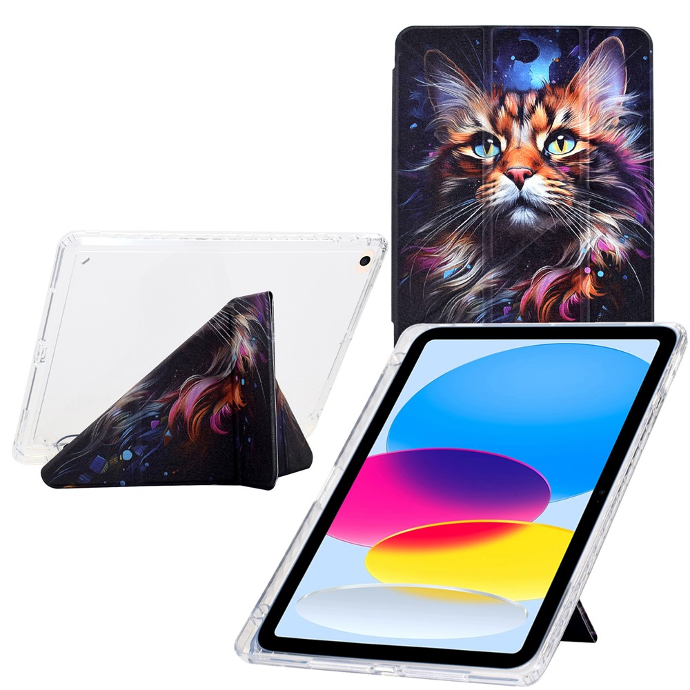 Tablet Case For iPad 9.7-inch (2018) / (2017) / Air 2 / Air (2013) , Y-Fold Stand Pattern Print Leather + Clear Acrylic Cover - Sea Cat