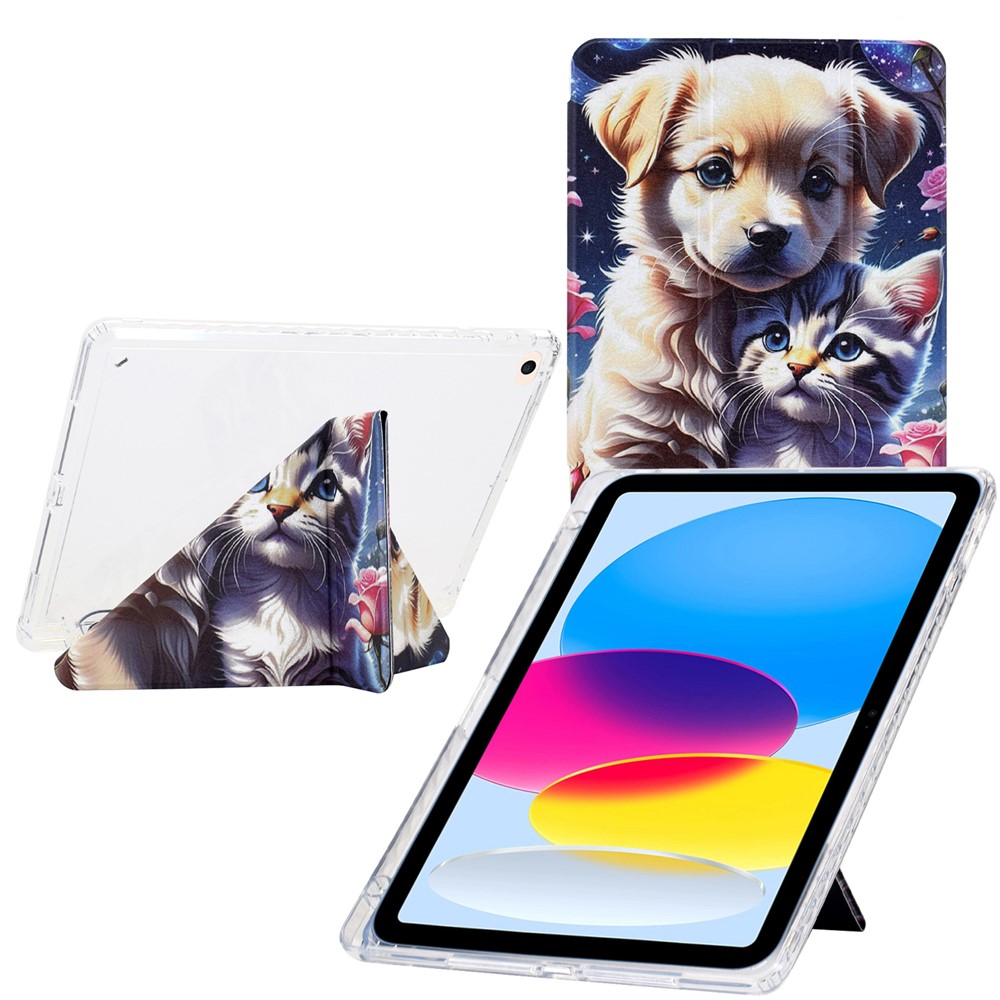 Tablet Case For iPad 9.7-inch (2018) / (2017) / Air 2 / Air (2013) , Y-Fold Stand Pattern Print Leather + Clear Acrylic Cover - Cat and Dog